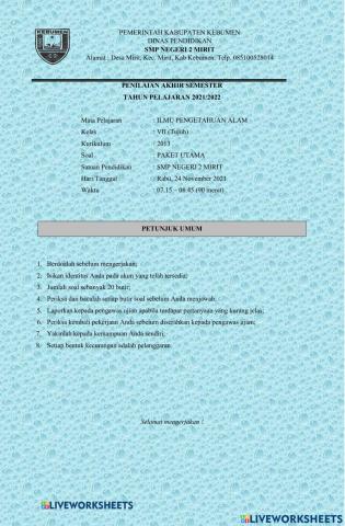 Penilaian akhir semester i ipa tahun 2021-2022