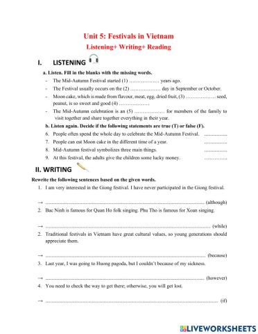 Unit 5: Festivals in Vietnam (Listening+ Writing+ Reading)