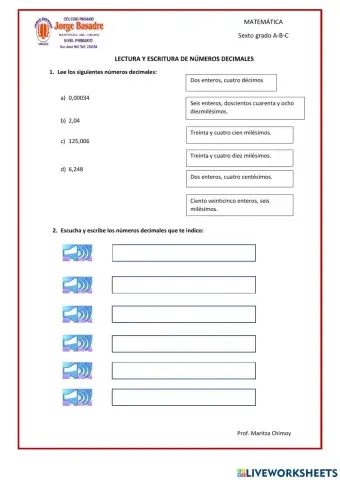 Lectura y escritura de Decimales