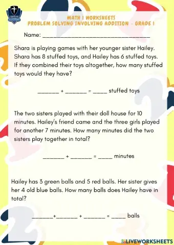 MatH 1 WORKSHEETS PROBLEM Solving involving addition - Grade 1