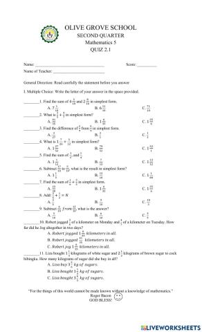 Quiz 2.1 in Mathematics 5