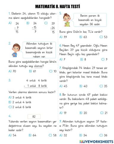 Matematik 8. Hafta Testi
