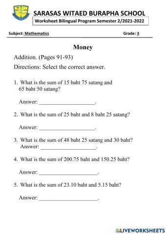 Money- Addition and Subtraction Activity 2