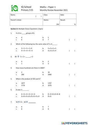 Maths Monthly Test- Express-Nov