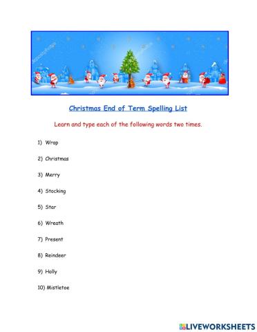 Christmas Spelling List