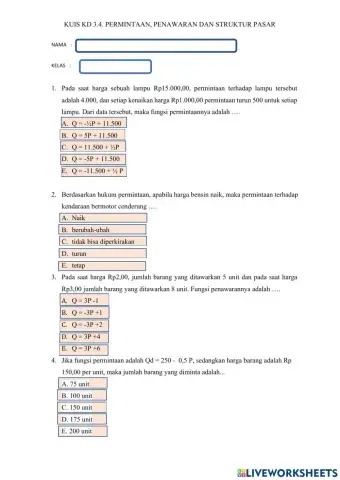 Kuis KD 3.4 Permintaan, Penawaran dan Struktur Pasar