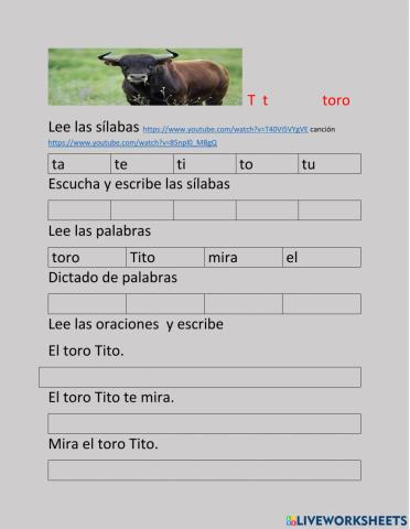 Lectura y escritura fonema T t