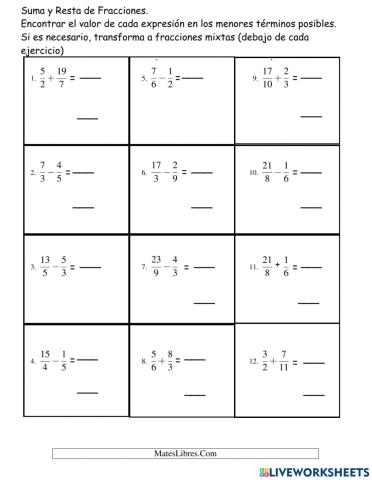 Suma y resta de fracciones con diferente denominador