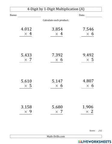 4-digit by 1-digit multiplication