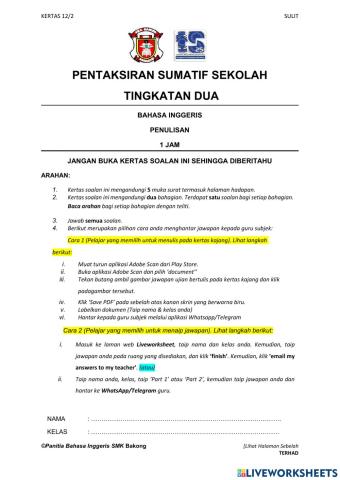 Paper 2 pentaksiran sumatif sekolah english form 2 2021