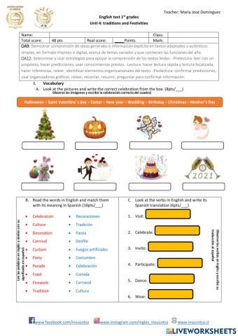 EVALUATION: UNIT 4 TRADITIONS AND FESTIVITIES
