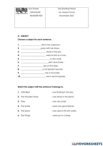 3rd BIMESTER GRAMMAR TEST