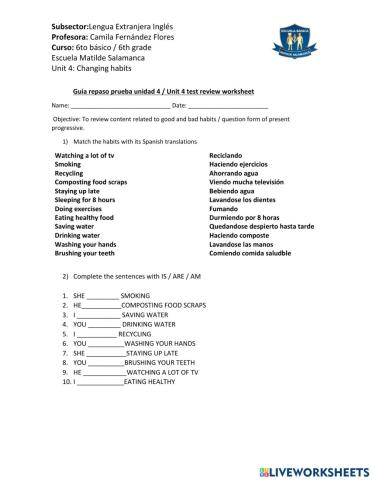 Guía repaso prueba unidad 4 - Unit 4 test review worksheet