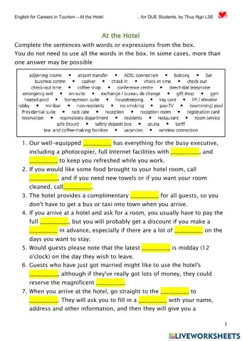 E4T At the Hotel - Vocabulary