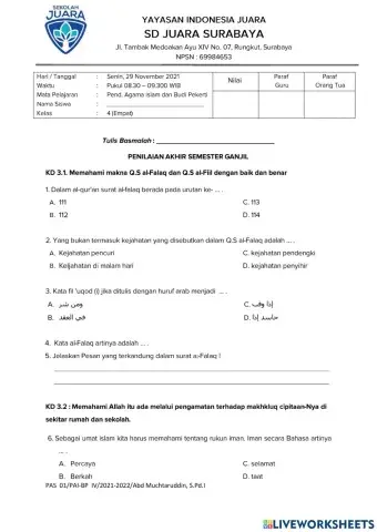 Pas pai kelas 4 sem 1 sd juara surabayaa
