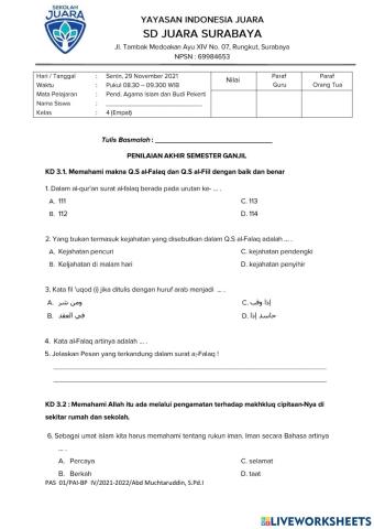 Pas pai kelas 4 sem 1 sd juara surabayaa