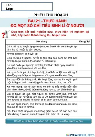 Sinh 11- Bài 21 - Bài thu hoạch đo một số chỉ số sinh lí ở người