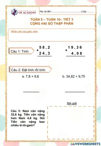 Toán 5 - Tuần 10 - Cộng hai số thập phân