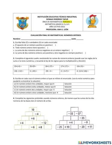Evaluación de matemáticas números enteros