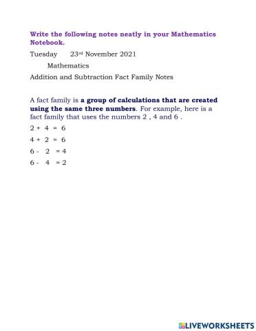 Addition and Subtraction Fact Family Notes