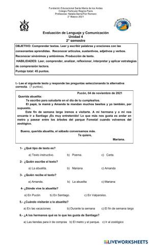 Evaluación Lenguaje Unidad 4