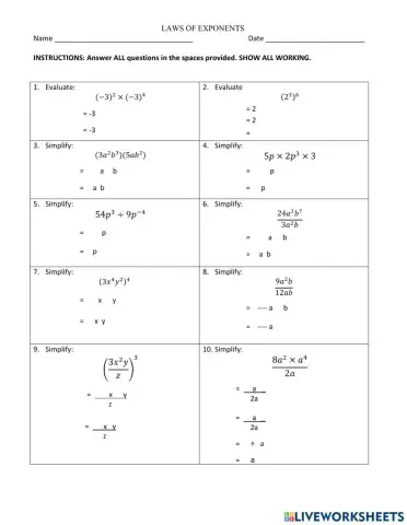 Laws of Exponents- Quiz