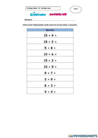 Calculo mental suma hasta el 20