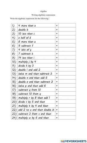 Writing algebraic expressions