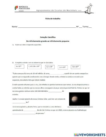 Ficha de trabalho de Notação Científica 7ºano