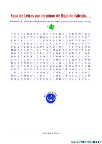 Sopa de letras con términos de Hoja de Cálculo