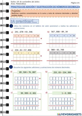 Practica de adición y sustracción de números decimales