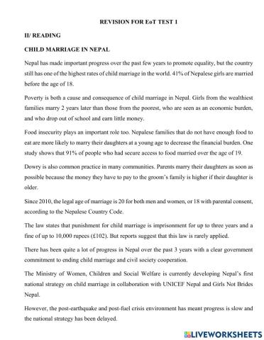 REVISION FOR EoT TEST 1 - Reading