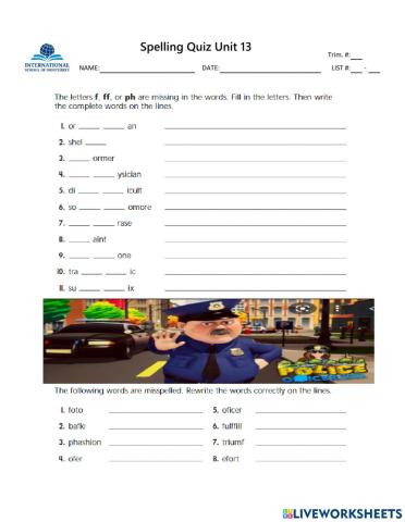 Spelling long quiz U13
