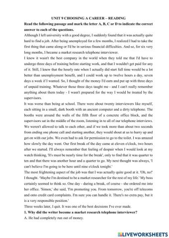 Unit 9 choosing a career- Reading