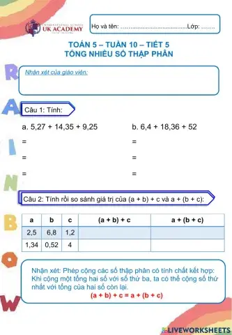 Toán 5  -Tổng nhiều số thập phân