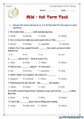 I learn Smart World 6 - Mid-First Term Test 1