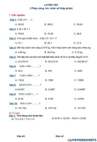 Luyện tập cộng, trừ, nhân số thập phân