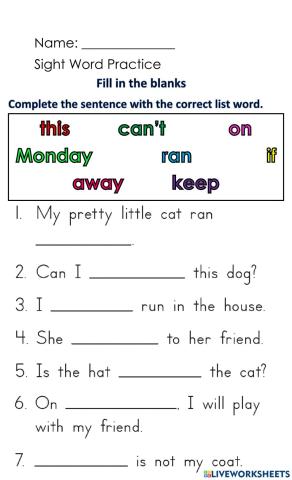 Sight Words - Week 11 ( Fill in the Blanks)