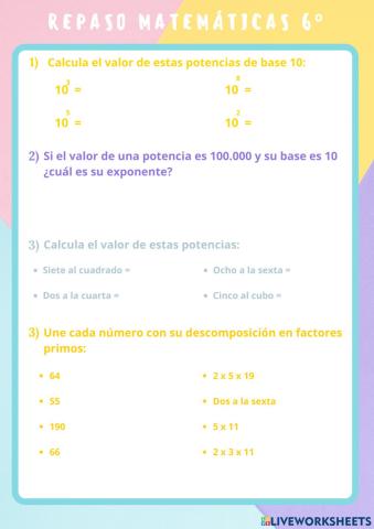 Repaso 6º ep matemáticas potencias, raíces cuadradas , mcm y mcd