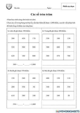 W14-53-Các số tròn trăm (phiếu tự chọn)