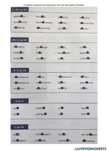 Ortografia c,ç,s,ss,sc,xc,sç,x,z