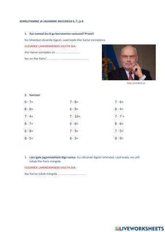 Korrutamine ja jagamine arvudega 6, 7 ja 8
