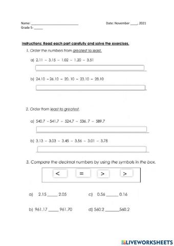 Comparing and Ordering Decimals