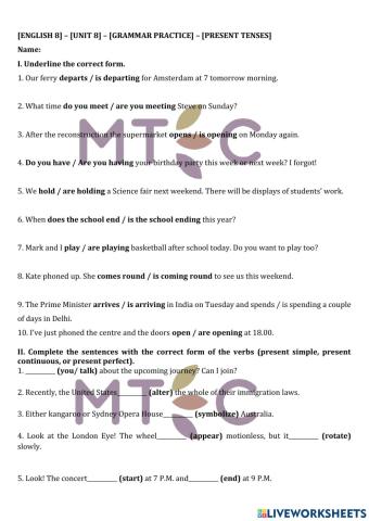 english 8 – unit 8 – grammar practice – present tenses