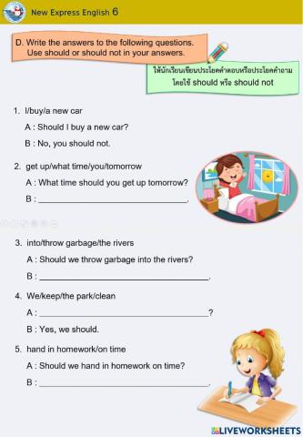 Make sentences with should or should not (Grade 6)