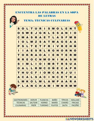 Sopa de letras de técnicas culinarias