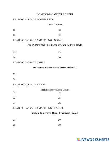 Homework answer sheet