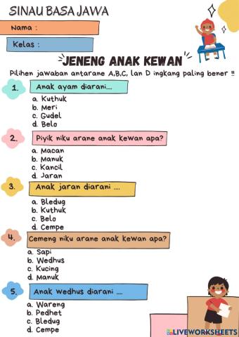 Soal Bahasa Jawa (Multiple Choice) - Jeneng Anak Kewan -