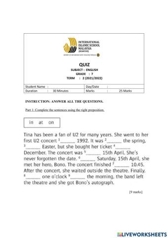 Grade 7 Quiz (Term 2)