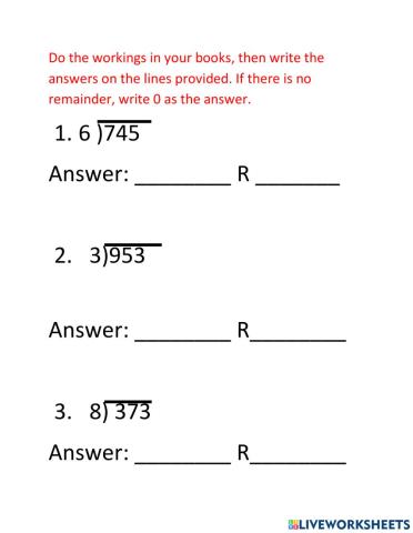 Long Division- 3 Digits Divided by 1 Digit